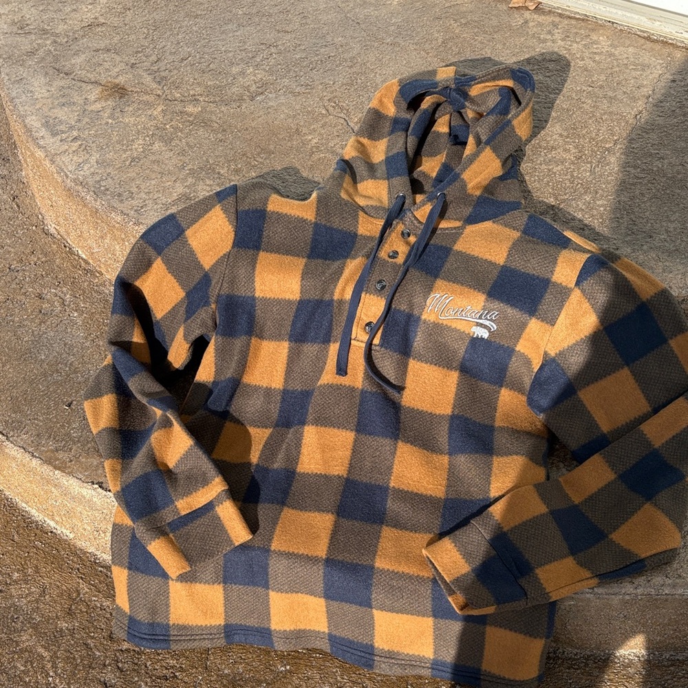 NWOT Plaid Fleece Hoody- Blue and Tan-Size Small Unisex. Oversized.